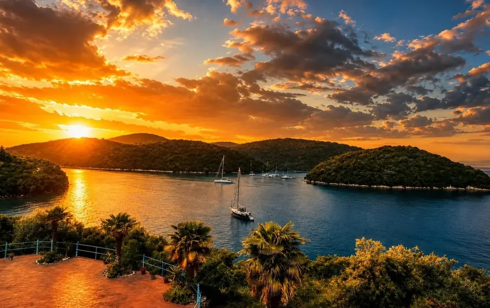 Sunset over Sivota Bay from the terrace, yachts at anchor