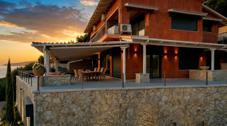 Terrace and stone retaining wall at sunset